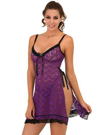 Mel Bee Fancy Nightgown and Gstring Set Purple MB4002 - Thumbnail