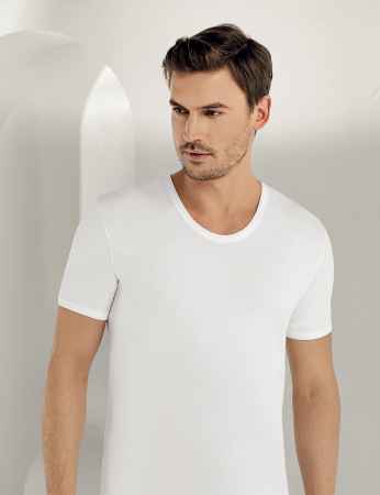 Sahinler Baumwoll-Unterhemd mit kurzen Ärmeln und rundem Ausschnitt weiß ME001 - Thumbnail