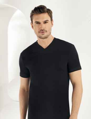 Sahinler Baumwoll-Unterhemd mit kurzen Ärmeln und V-Ausschnitt schwarz ME011 - Thumbnail