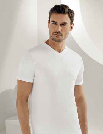 Sahinler Baumwoll-Unterhemd mit kurzen Ärmeln und V-Ausschnitt weiß ME008 - Thumbnail