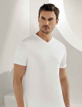 Sahinler Cotton Singlet V Neck Short Sleeve White ME008 - Thumbnail