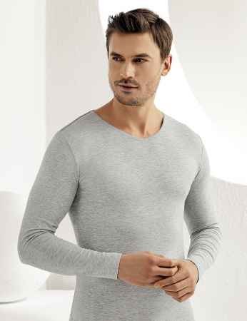 Sahinler Elastane Unterhemd mit langen Ärmeln und V-Ausschnitt grau ME075 - Thumbnail