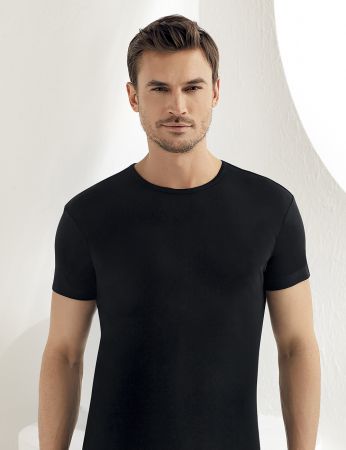 Sahinler geripptes Unterhemd mit kurzen Ärmeln und rundem Ausschnitt schwarz ME027