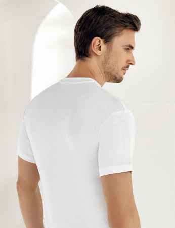 Sahinler geripptes Unterhemd mit kurzen Ärmeln und rundem Ausschnitt weiß ME022 - Thumbnail