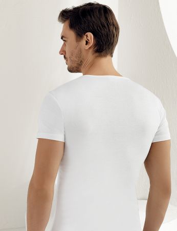 Sahinler geripptes Unterhemd mit kurzen Ärmeln und V-Ausschnitt weiß ME026