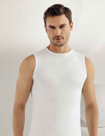 Sahinler geripptes Unterhemd ohne Ärmel und rundem Ausschnitt weiß ME024 - Thumbnail