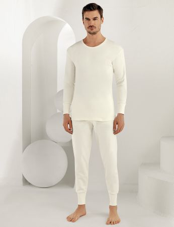 Sahinler Interlock-Unterhemd langärmelig mit rundem Ausschnitt Cremefarben ME016