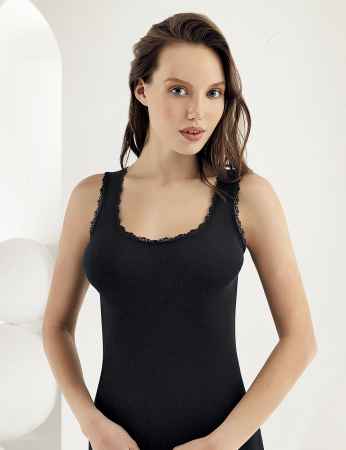 Sahinler Lace Rib Singlet Wide Straps Black MB610 - Thumbnail