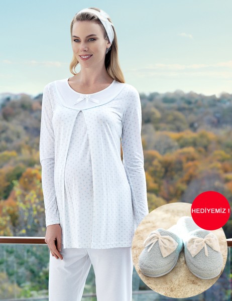Şahinler - Şahinler Lohusa Pijama Takımı Emzirme Fonksiyonlu Mavi Terlik Hediyeli MBP23414-2