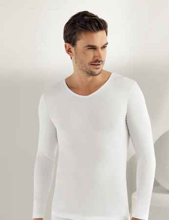 Sahinler Lycra Supreme Singlet V Neck Long Sleeve White ME074 - Thumbnail