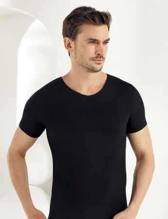 Sahinler Lycra Supreme Singlet V Neck Short Sleeve Black ME073 - Thumbnail