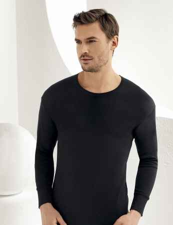 Sahinler Men Interlock Underwear Crew Neck Long Sleeve Black ME016 - Thumbnail