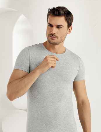 Sahinler Men Lycra Tank Top Crew Neck Short Sleeve Grey ME069 - Thumbnail