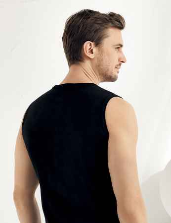 Sahinler Men Rib Singlet Crew Neck Sleeveless Black ME023 - Thumbnail