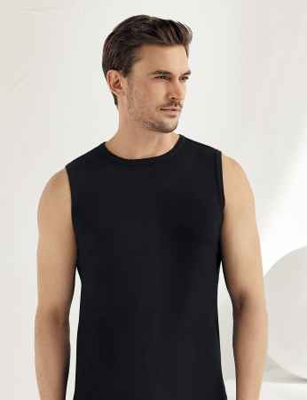 Sahinler Men Rib Singlet Crew Neck Sleeveless Black ME023 - Thumbnail