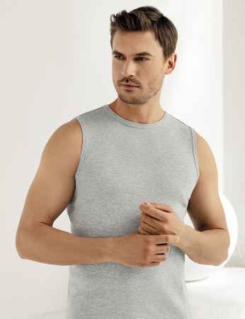 Sahinler Men Rib Singlet Crew Neck Sleeveless Grey ME023 - Thumbnail