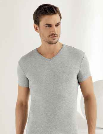 Sahinler Men Rib Singlet V Neck Short Sleeve Grey ME028 - Thumbnail