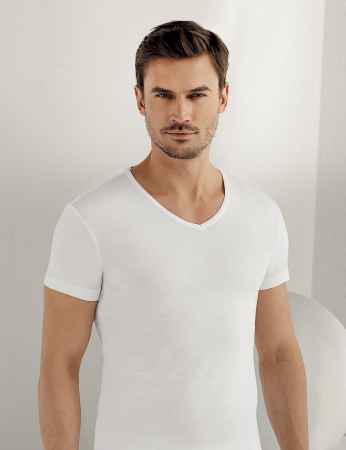 Sahinler Men Rib Tank Top V Neck Short Sleeve White ME026 - Thumbnail