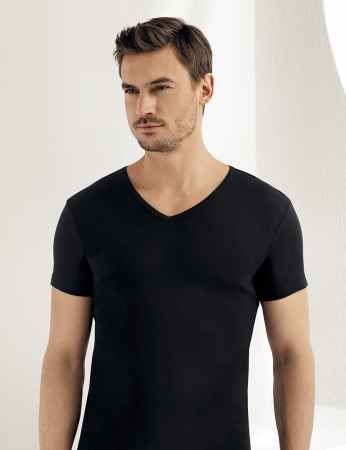 Sahinler Men Singlet V Neck Short Sleeve Black ME028 - Thumbnail