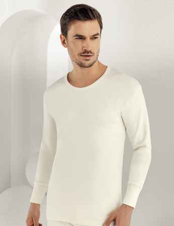 Sahinler Men Underwear Long Sleeve Crew Neck Interlock Cream ME016 - Thumbnail