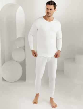 Sahinler Men Underwear Long Sleeve Crew Neck Interlock White ME016 - Thumbnail