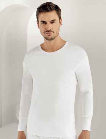 Sahinler Men Underwear Long Sleeve Crew Neck Interlock White ME016 - Thumbnail