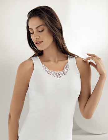 Sahinler Rib Camisole Wide Strap Front Guipure White MB011 - Thumbnail