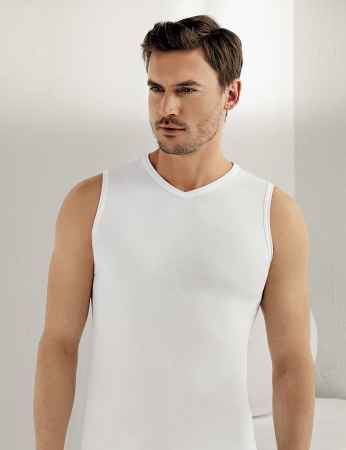 Sahinler Rip Singlet V Neck Sleeveles White ME033 - Thumbnail