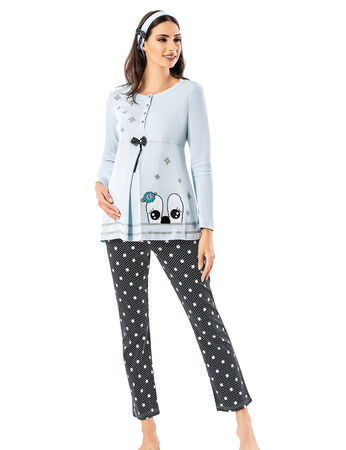 Şahinler - Şahinler Terlik Hediyeli Lohusa Pijama Takımı Mavi MBP23724-2 (1)