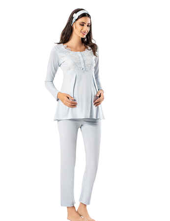Şahinler - Şahinler Lohusa Pijama Takımı Terlik Hediyeli Mavi MBP23725-2 (1)
