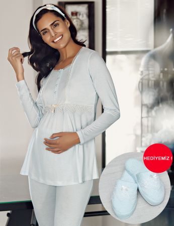 Şahinler - Şahinler Terlik Hediyeli Lohusa Pijama Takımı Mavi MBP23734-2