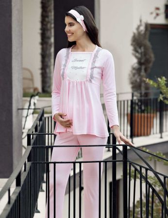 Şahinler - Şahinler Terlik Hediyeli Lohusa Pijama Takımı Pembe MBP23733-1 (1)