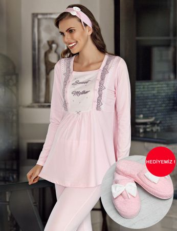 Şahinler - Şahinler Terlik Hediyeli Lohusa Pijama Takımı Pembe MBP23733-1